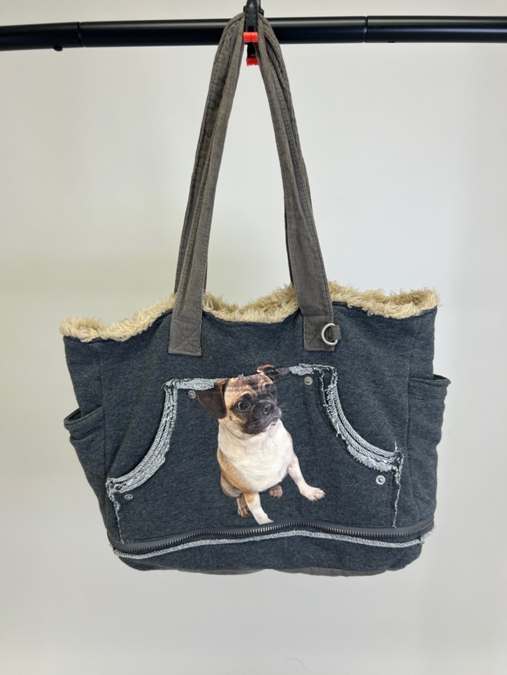 Fuzzy Nation Pug Tote / Purse Sweatshirt material with pockets